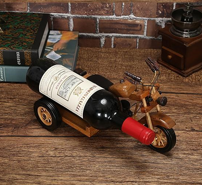 wooden motorcycle bottle holder holding bottle in side car