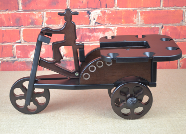 wood tricycle bottle display side view