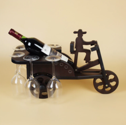 wood tricycle bottle display side view full