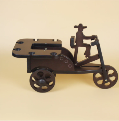 wood tricycle bottle display side view