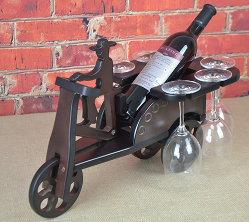 wood tricycle bottle display front view full