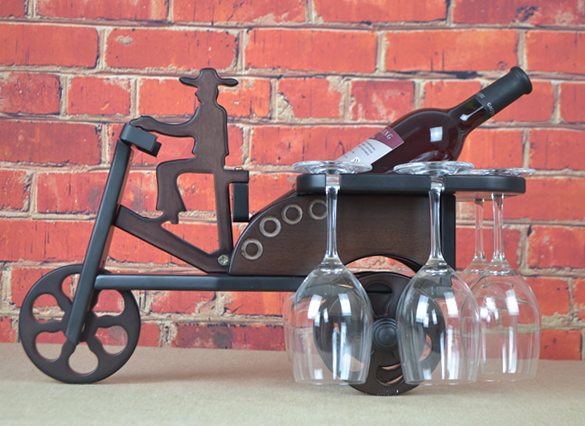 wood tricycle bottle display side view full